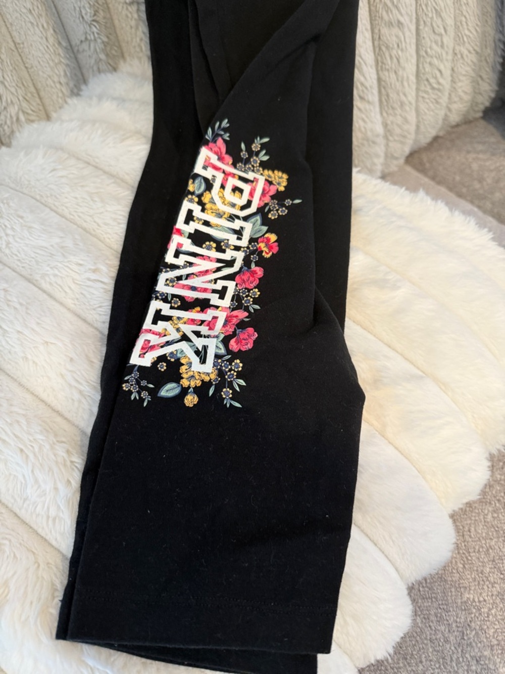 PINK Victoria's Secret Black Jeggings with Pink & Yellow Floral Logo